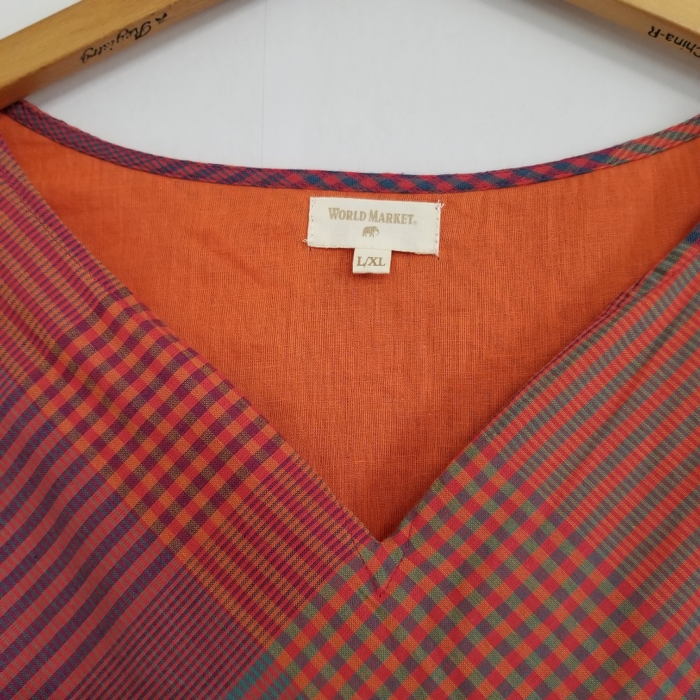 World Market Boho Checker Print Plaid Balloon Sleeve Blouse Size L/XL - Picture 7 of 8